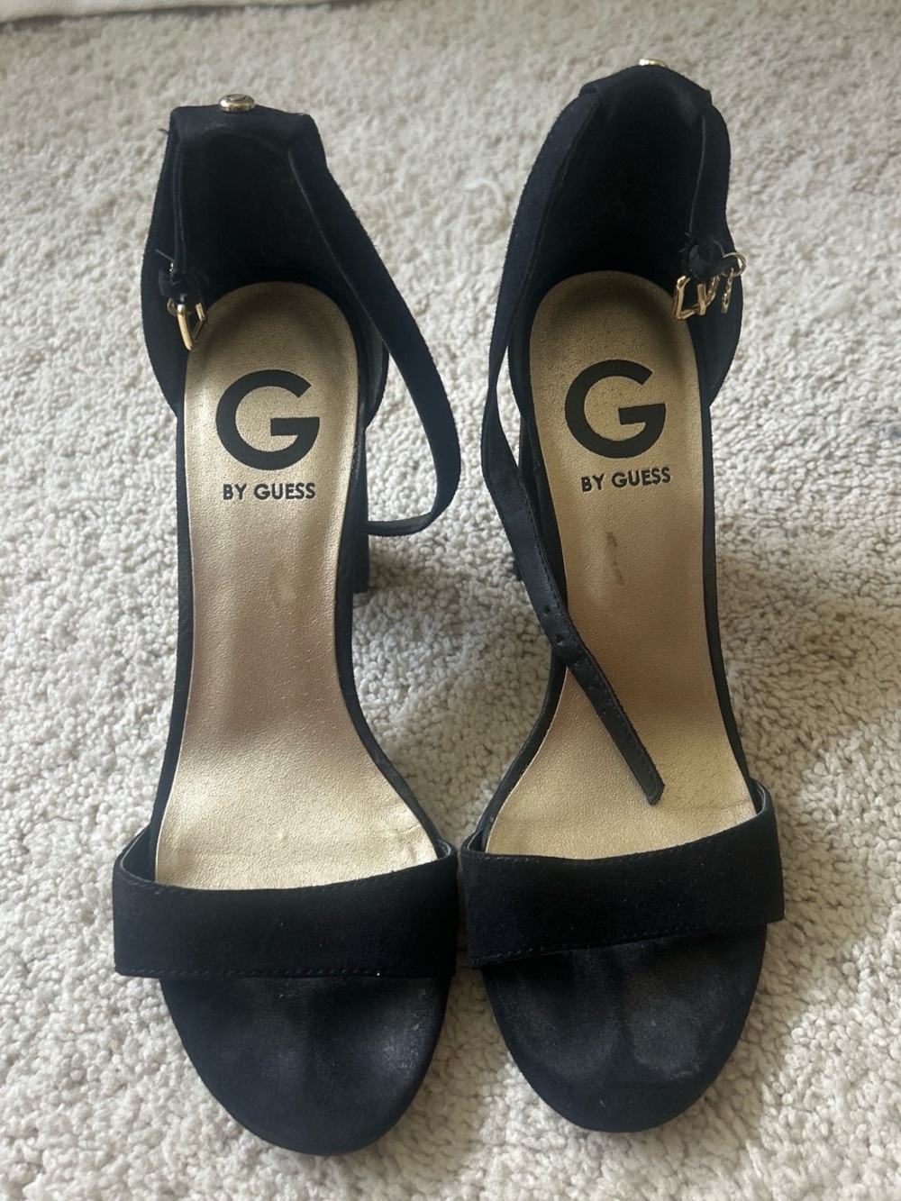 G by Guess Black Suede Open-Toe Ankle Strap Heels with Gold Accents